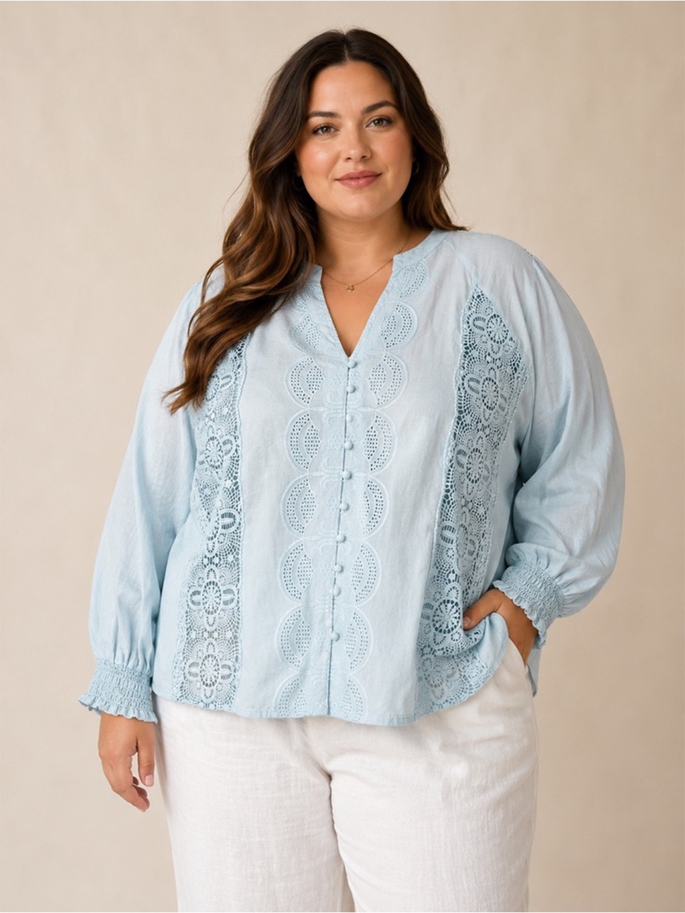 Jennifer & Grace - Embroidered Cotton Peasant Blouse - Light Blue